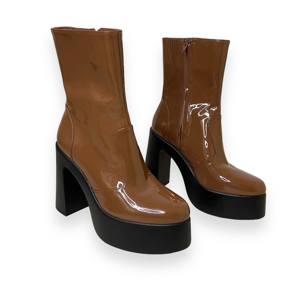 GB Levi-Tate  Brown Patent Platform Mid Boots - Picture 5 of 13